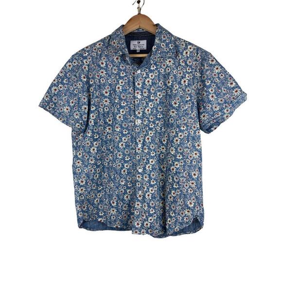 Thread & Cloth Men's M Blue White Red Floral Short Sleeve Button Up Shirt - Picture 1 of 7